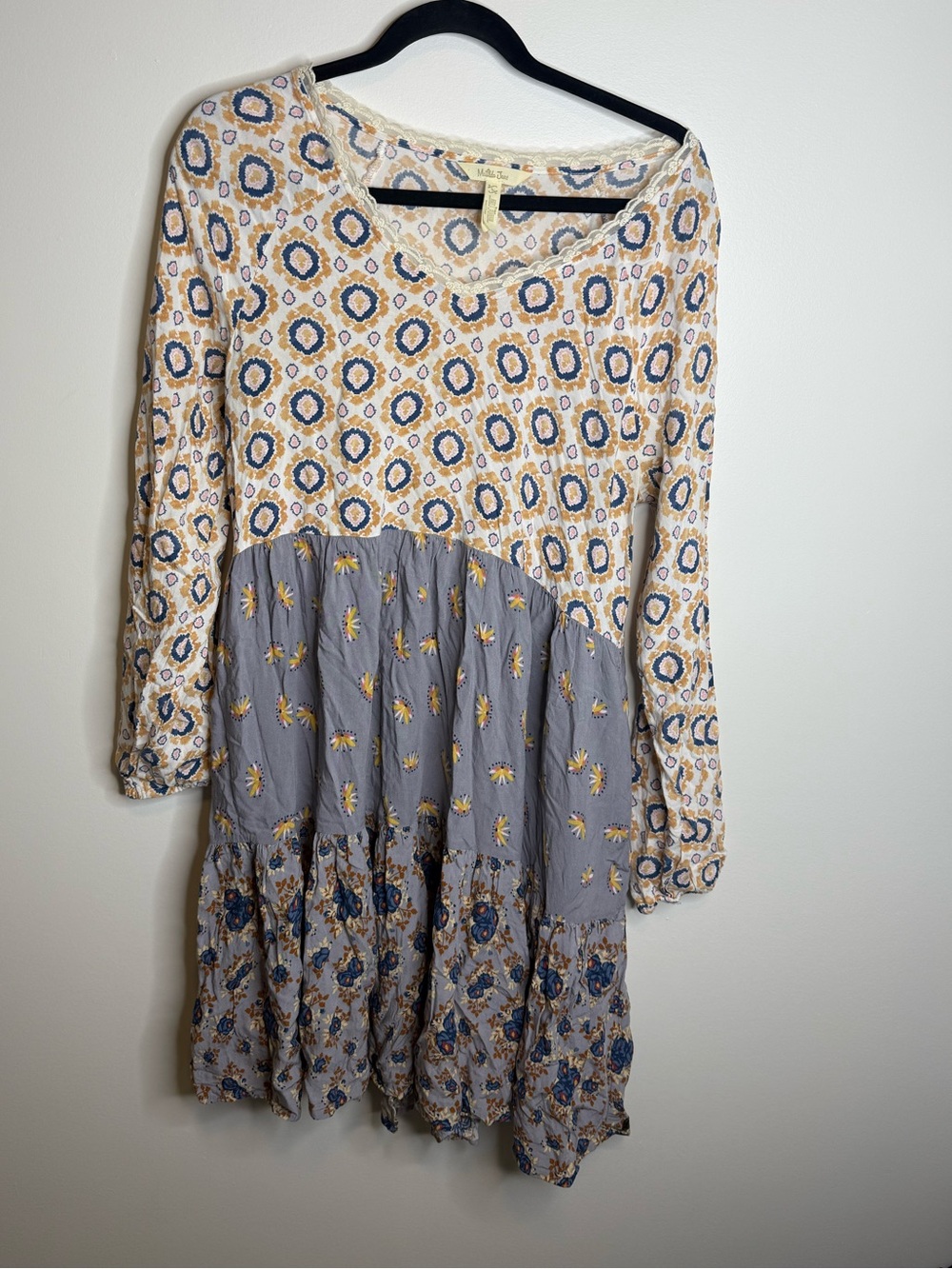 Matilda Jane Mixed-Print Long Sleeve Dress in Cream and Gray size large